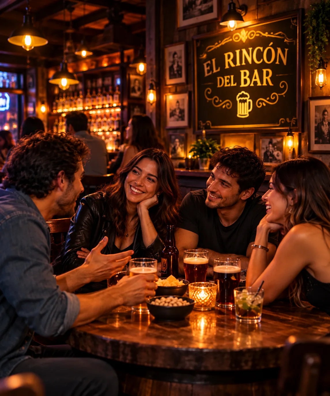 Amigos reunidos en El Rincón del Bar compartiendo historias